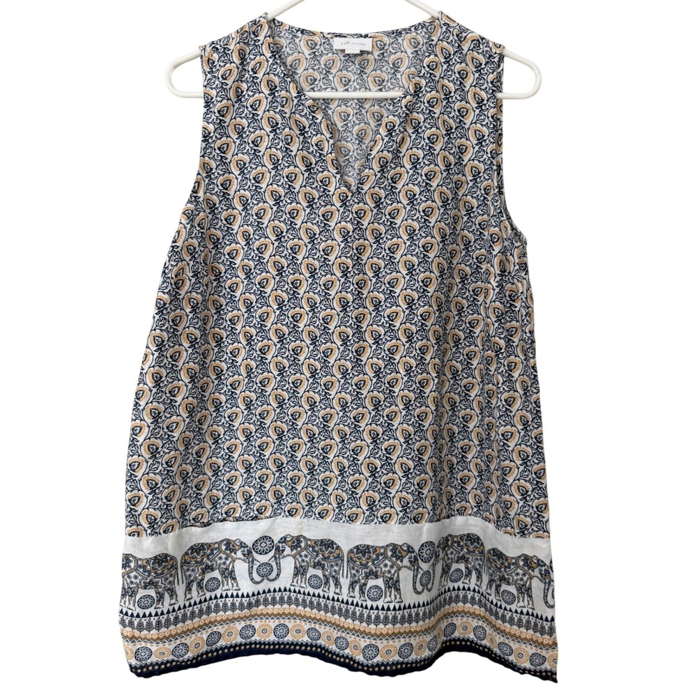 J Jill Love Linen Medium Sleeveless V-Neck Elephant Border Print Top Blue